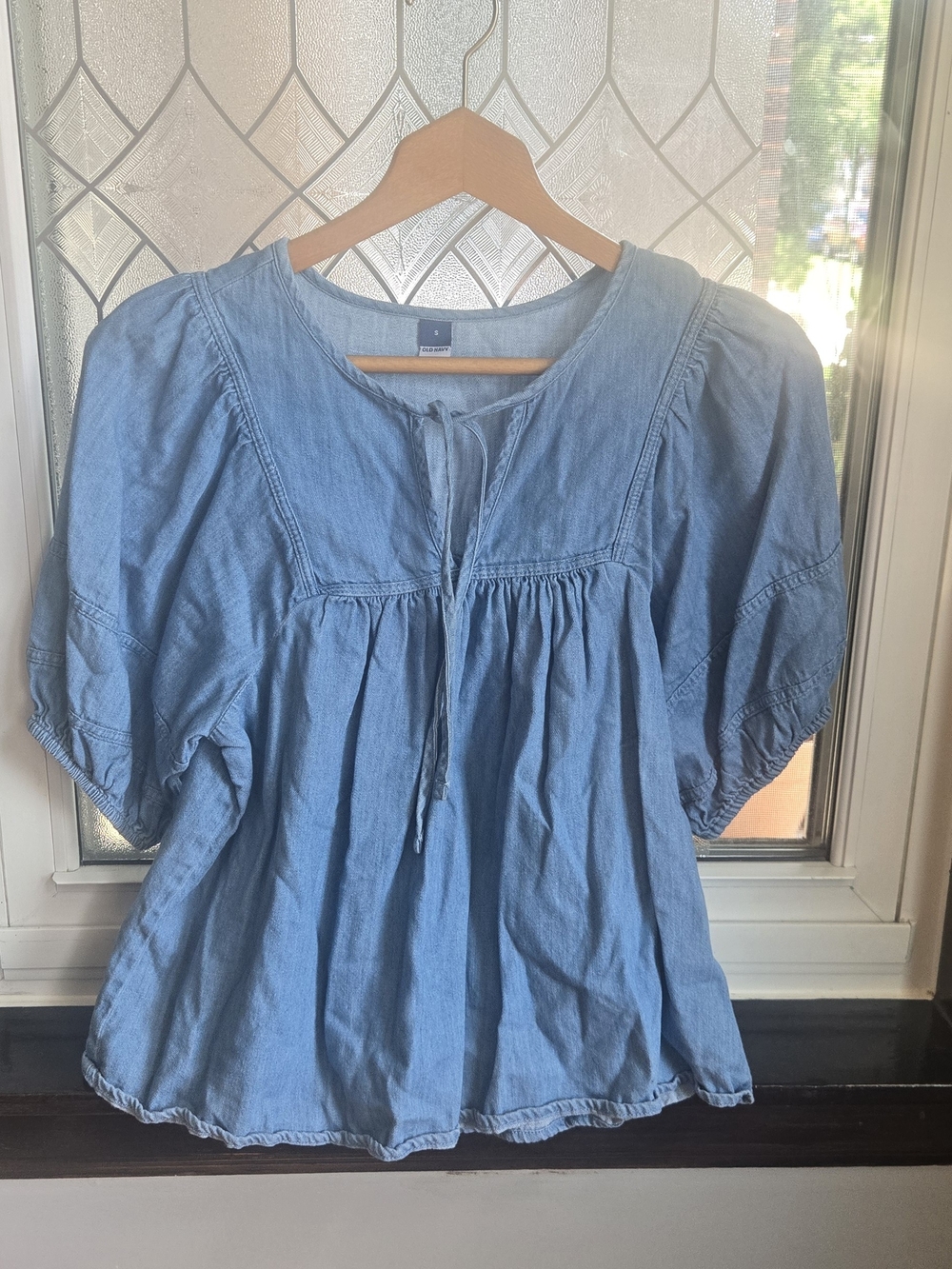 Old Navy Light Blue Denim  Top with Tie Neck